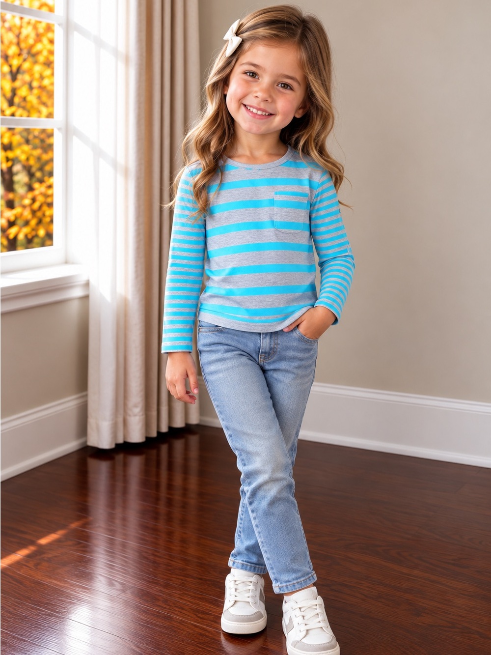 GAP Blue and Light Gray Striped Long-Sleeve Pocket Tee